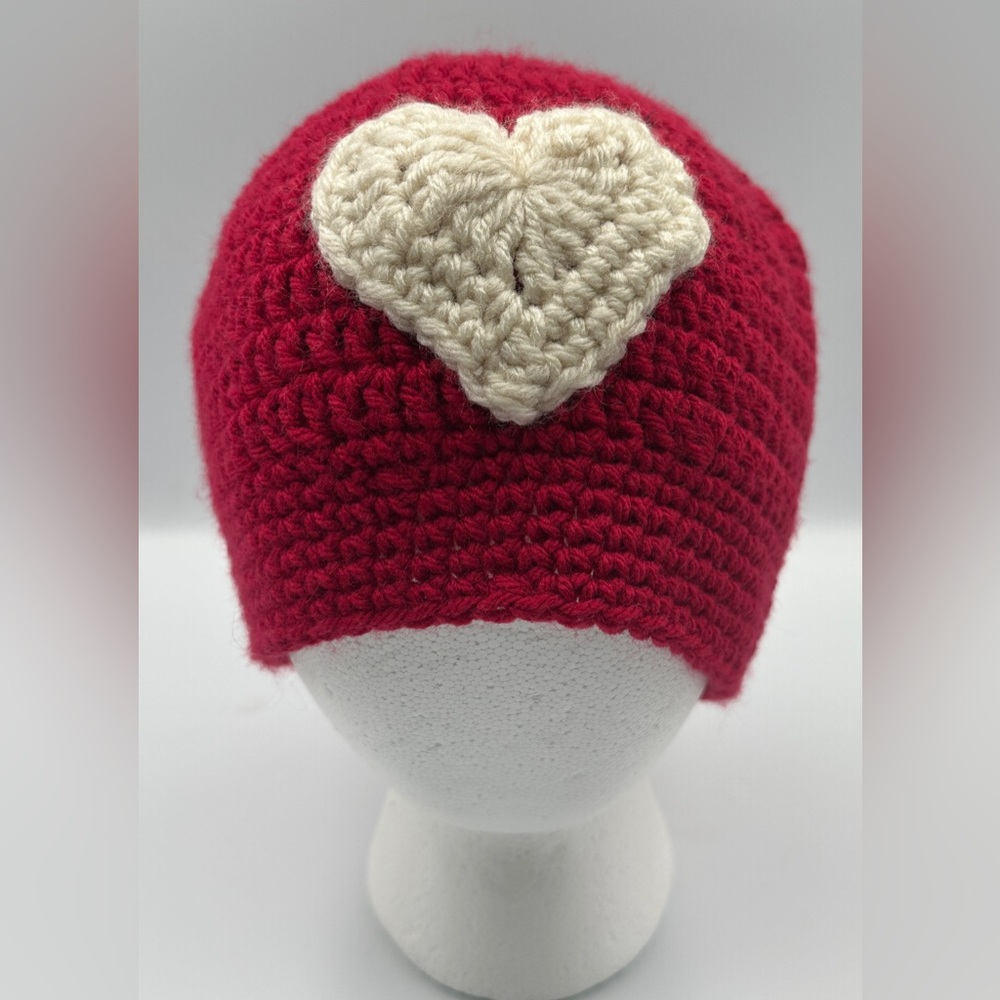 Handmade Hand Crafted Red Crochet Beanie With An Off-White Heart Appliqué